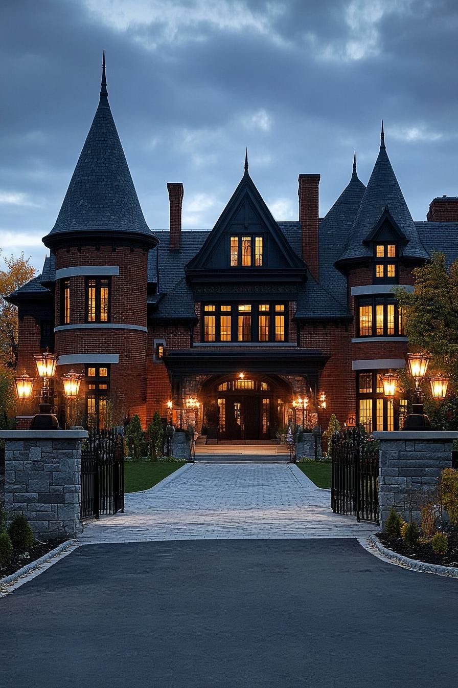 neo Victorian mansion with tall turrets brick facade black roof wide driveway stone fences garden lamps dusk scene v 6.1 2