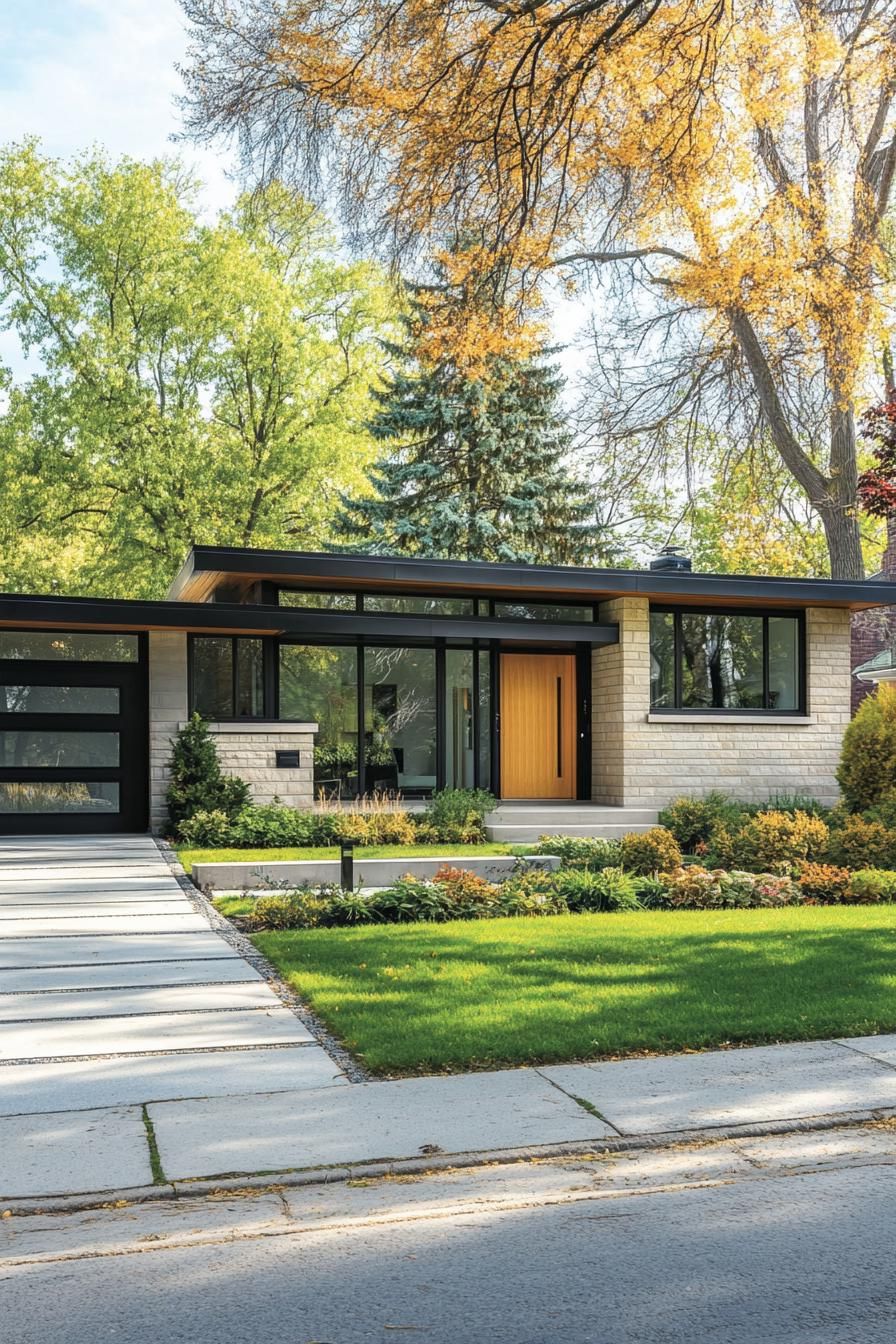 Modern long house with large glass windows and a wooden door