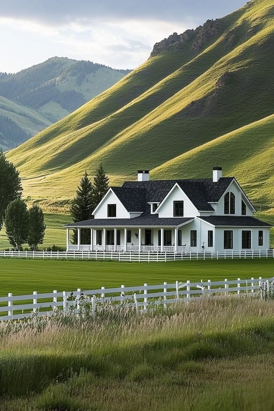 White farmhouse surrounded by lush hills