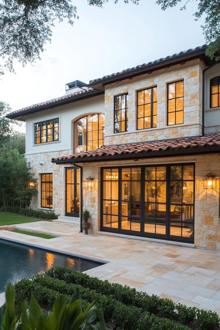 Spanish villa with stone facade and pool view