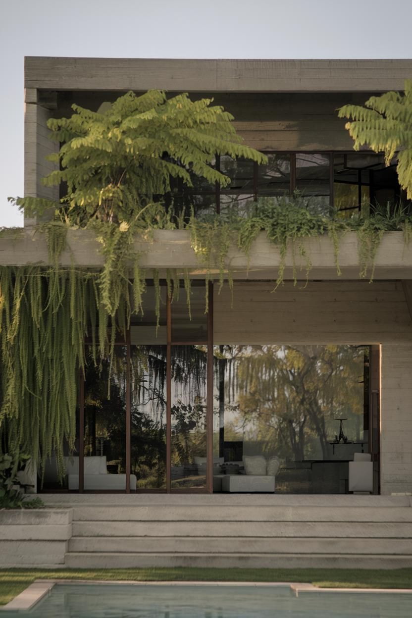 Brutalist house with lush greenery