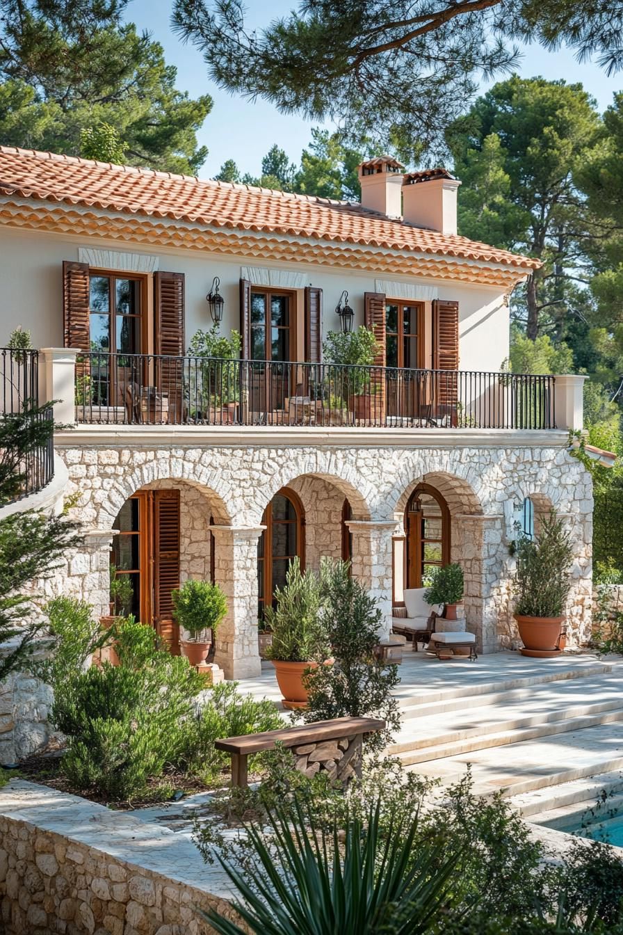 Stone villa with wooden shutters and lush foliage