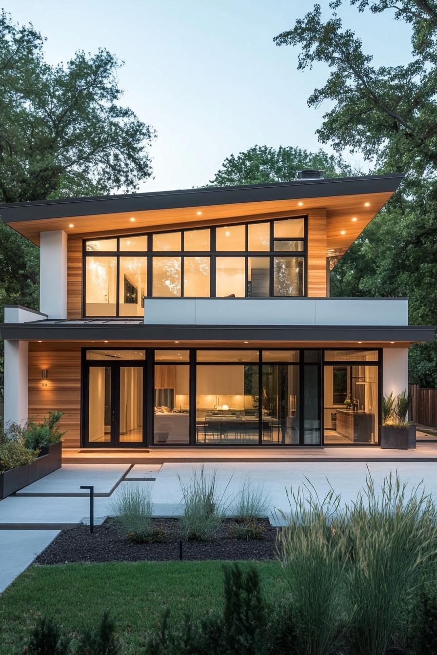 Two-story house with a striking skillion roof and large glass windows, surrounded by trees