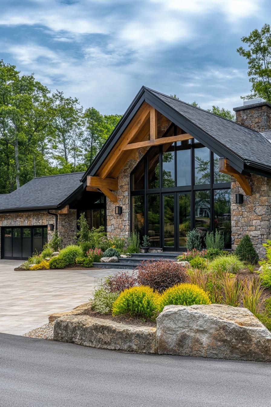 Contemporary stone house with large windows