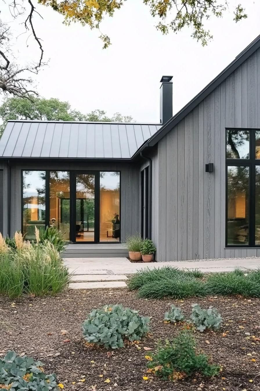 Modern Scandinavian house with gray facade, large windows, and lush greenery