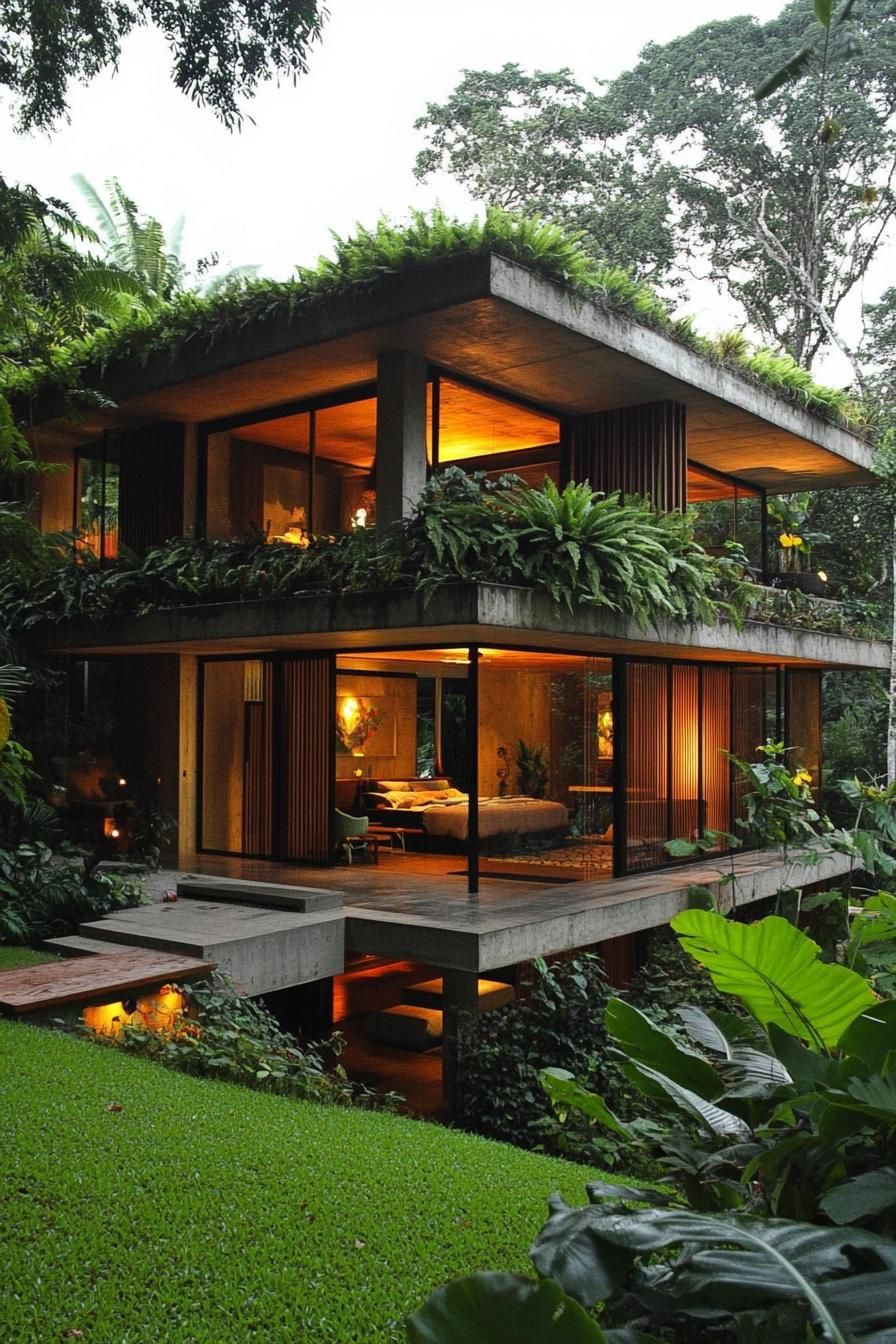 Tropical house nestled among lush greenery, featuring large windows and overgrown plants