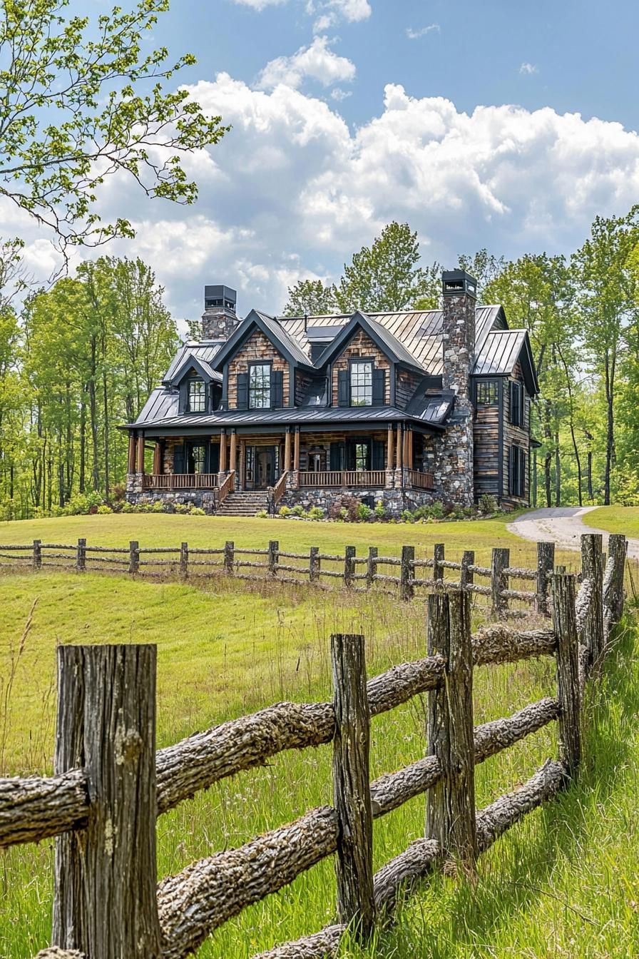 A stone and timber farm mansion surrounded by lush greenery