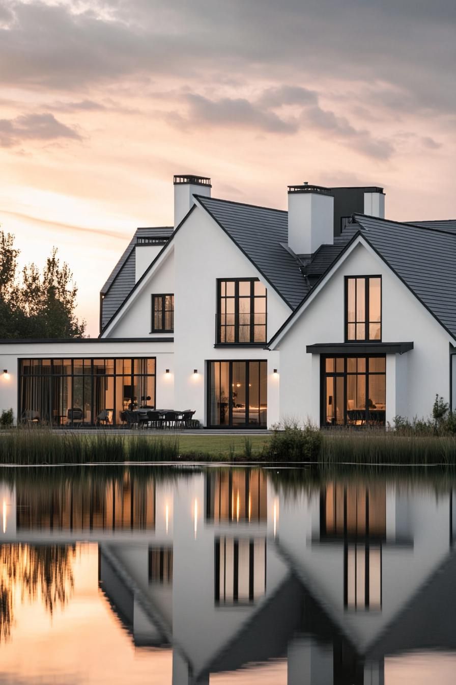 Modern white house reflecting in calm lake at sunset