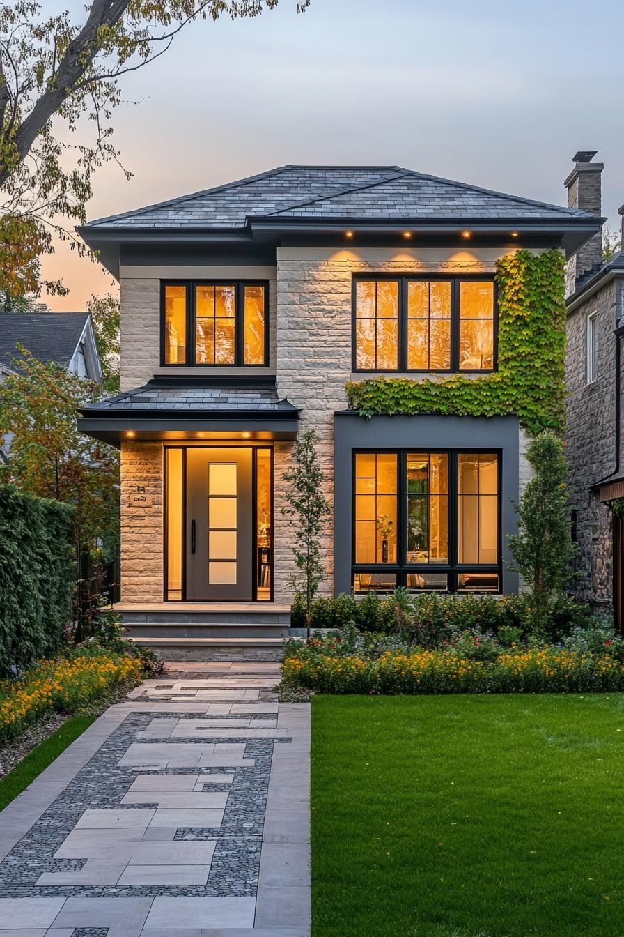 Modern stone house with evening glow