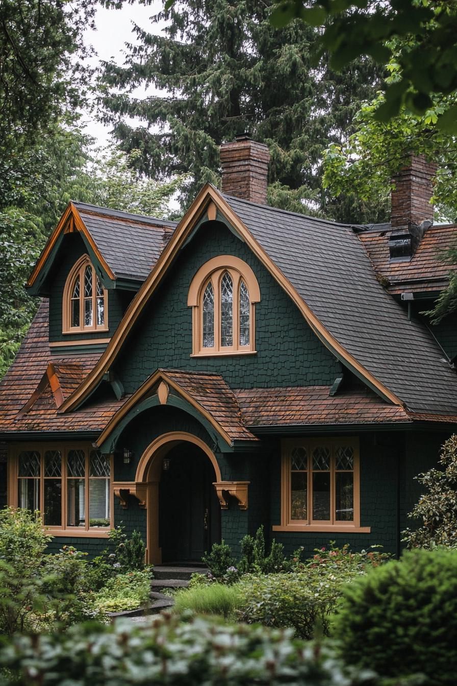 Quaint dark cottage nestled in the woods