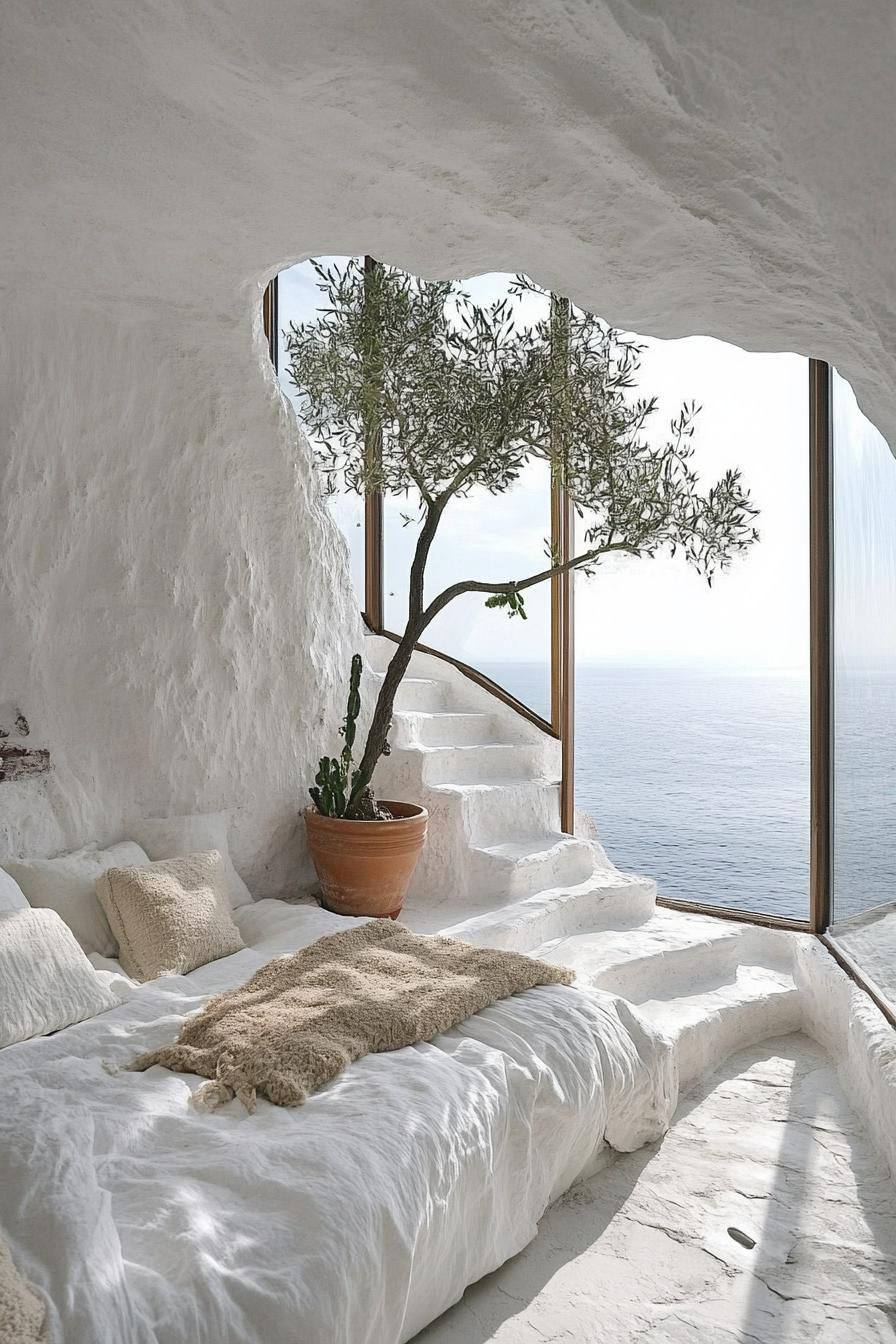 whitewashed cliff cob house bedroom with potted tree steps extensive glass windows overlooking stuning ocean views