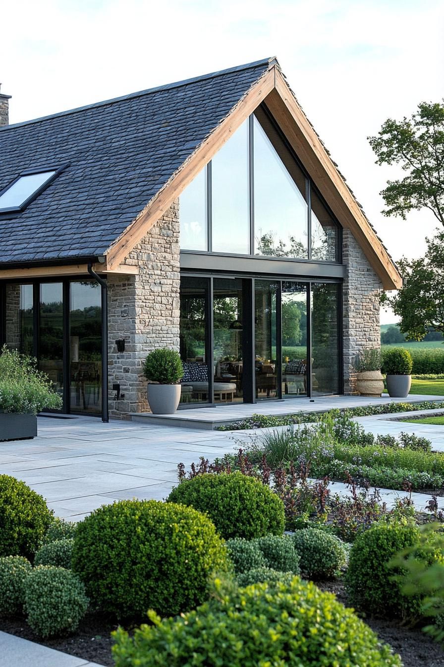 Modern stone barn with large glass windows and lush garden