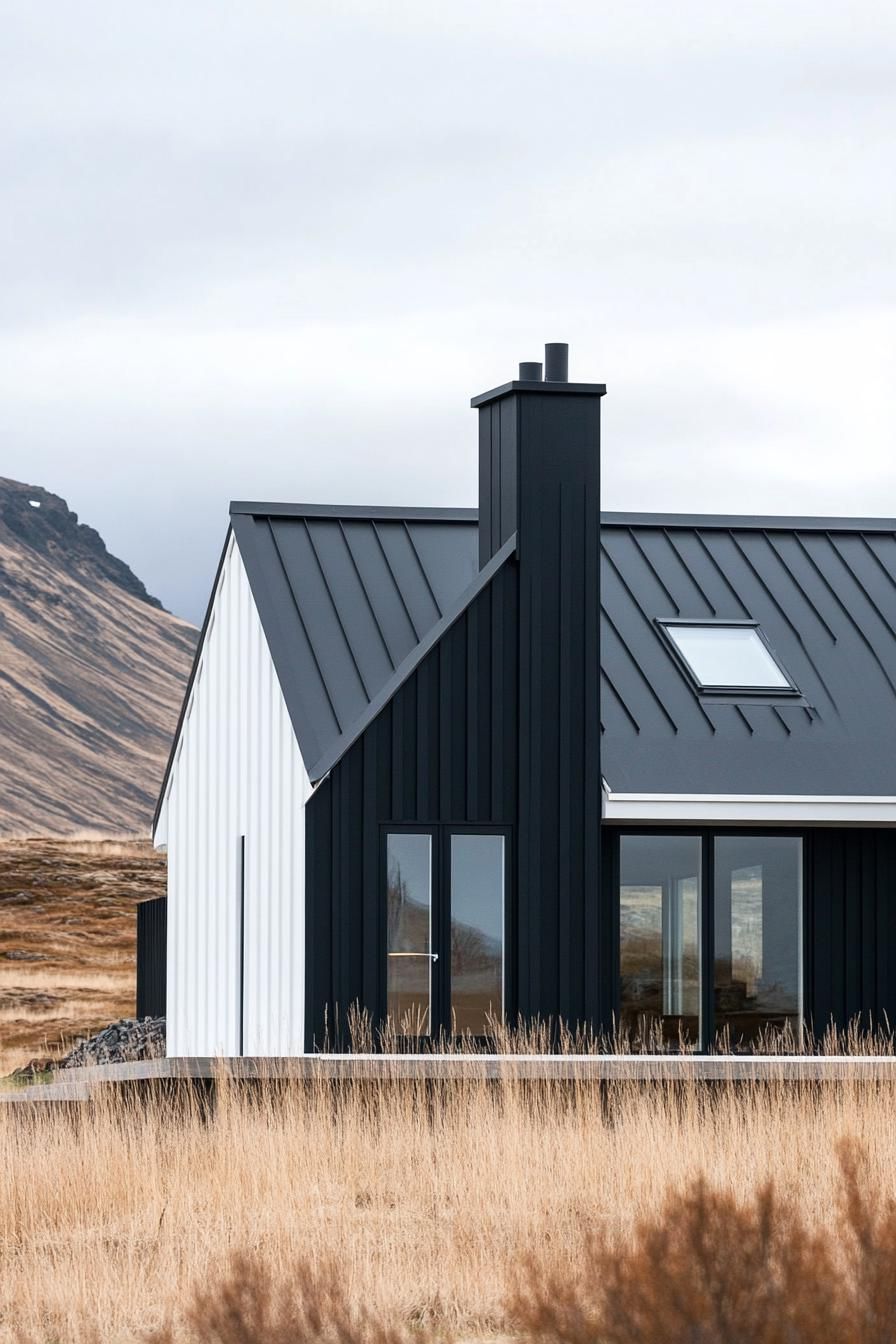 high angle view of a modern house with gable roof with chimney black and white siding Icelandic landscape 2