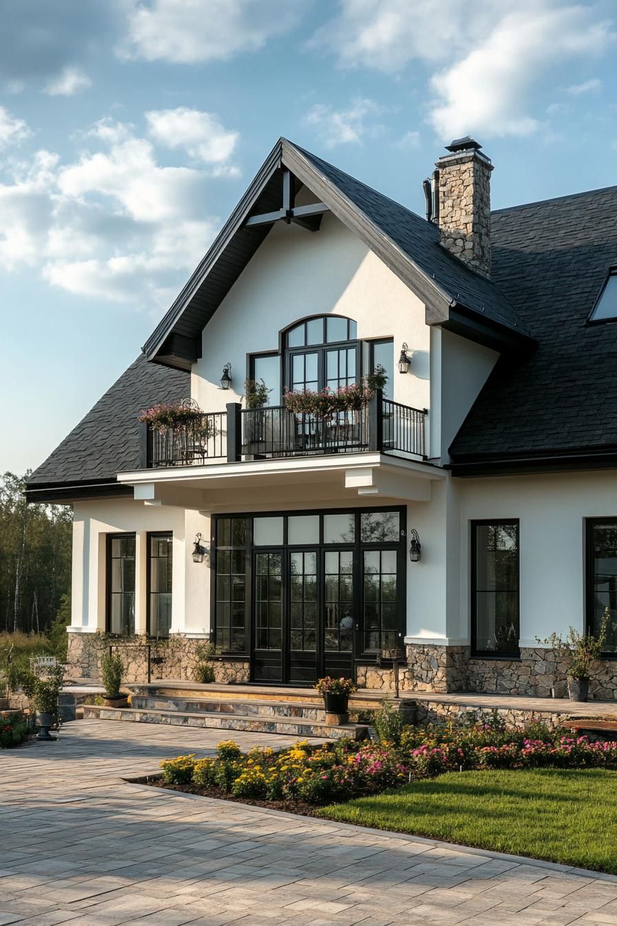 village house with stone and white stucco mixed facade large porch and balcony gabled multi pitch black shingle roof modern windows large paved 2