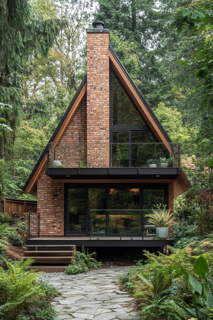 modern tiny a frame cabin with cedar shingle roof brick chimney full wall windows balcony with glass railings small deck stone step forest path 1