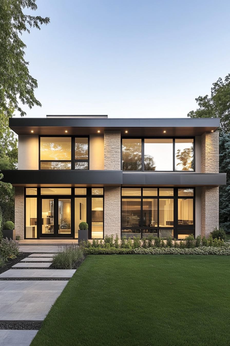 Modern house exterior with large windows and stone accents