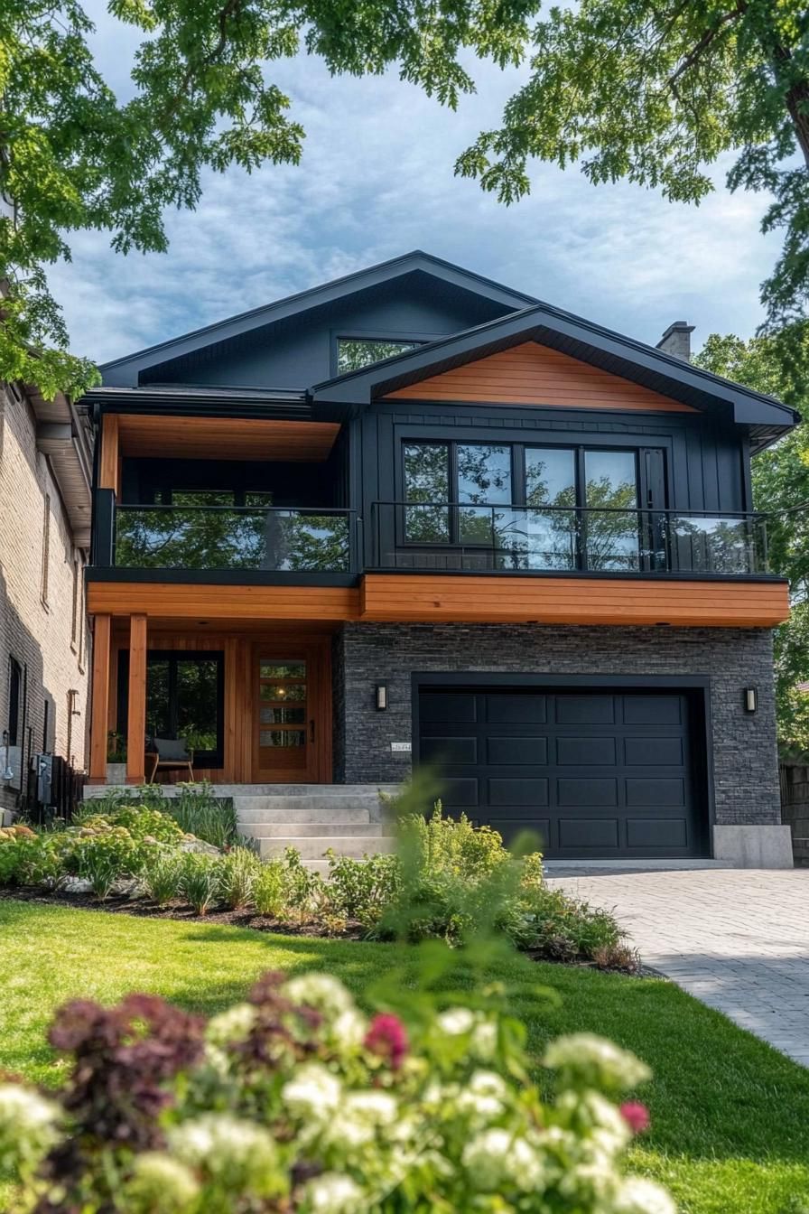 Contemporary house with large windows and lush garden