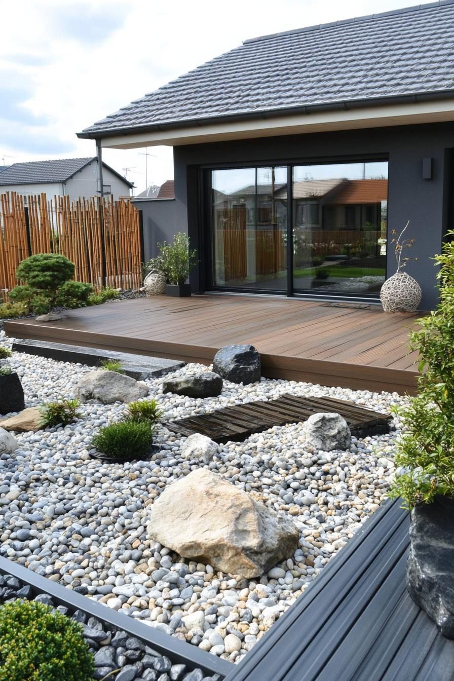 Japanese courtyard house with wooden deck, pebbles, and bamboo fence