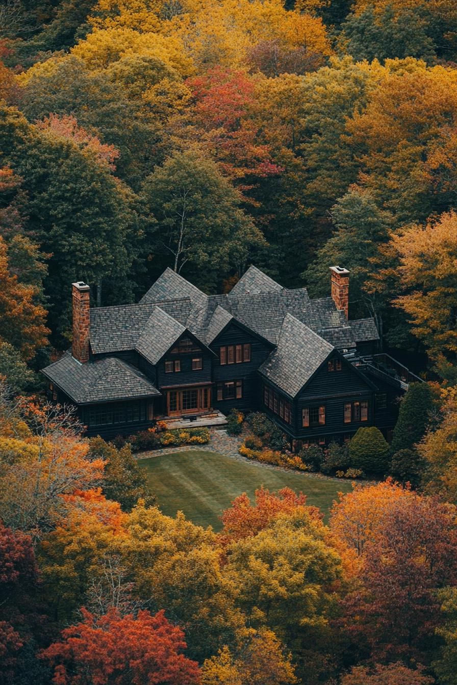 Dark wooden house surrounded by vibrant autumn trees