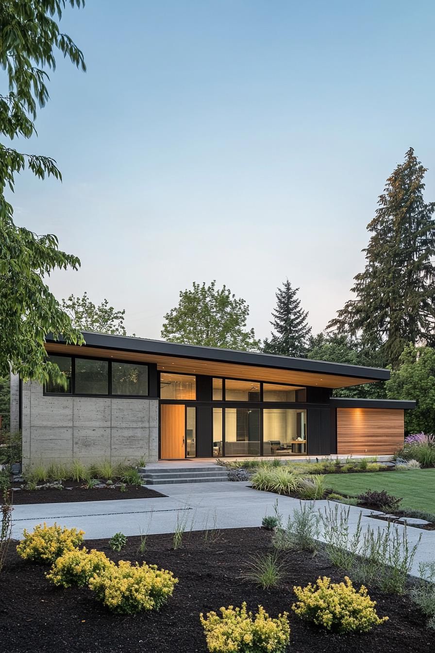 Modern single-story house with large windows and a green landscape