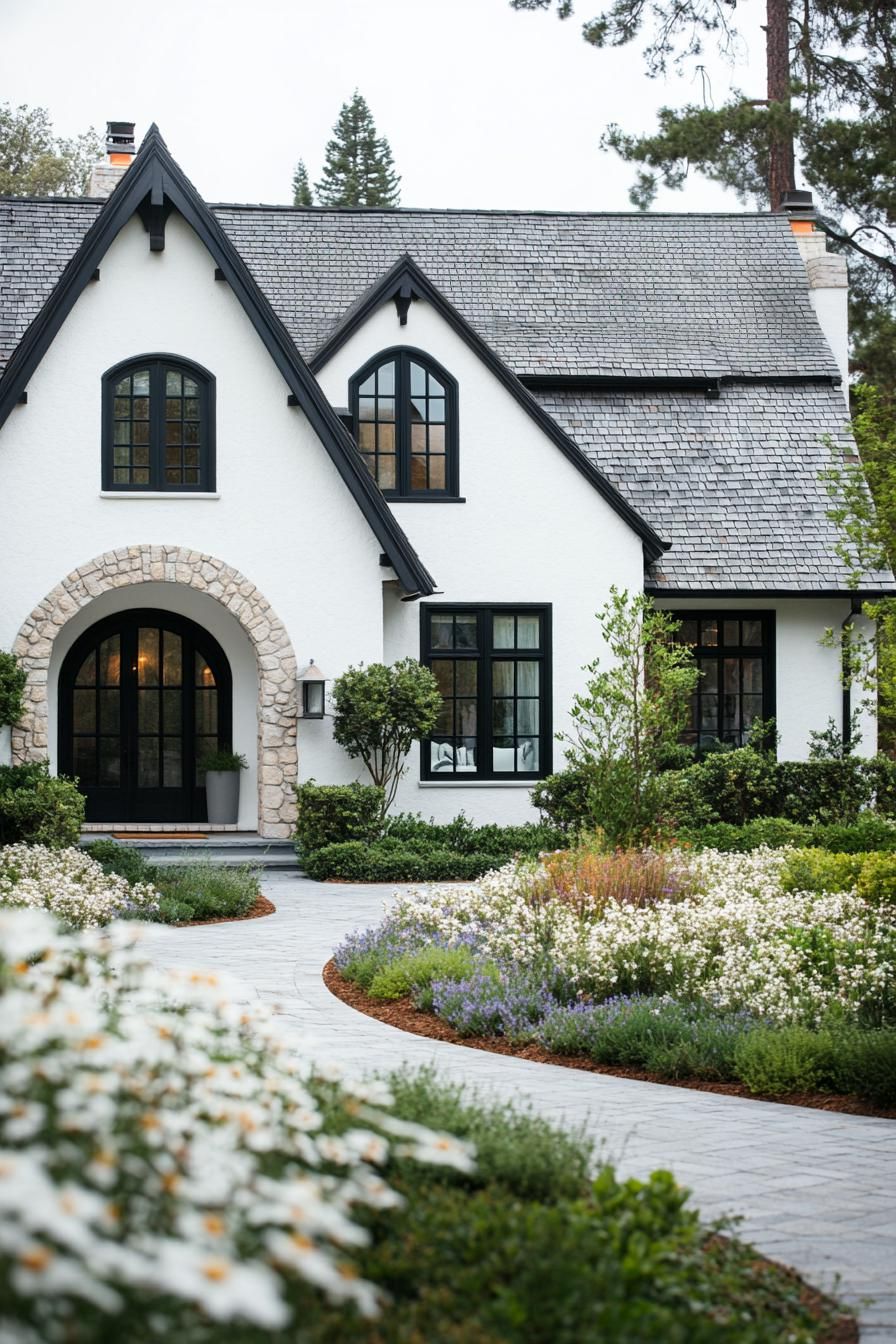 Cottage with gabled roof and gardens