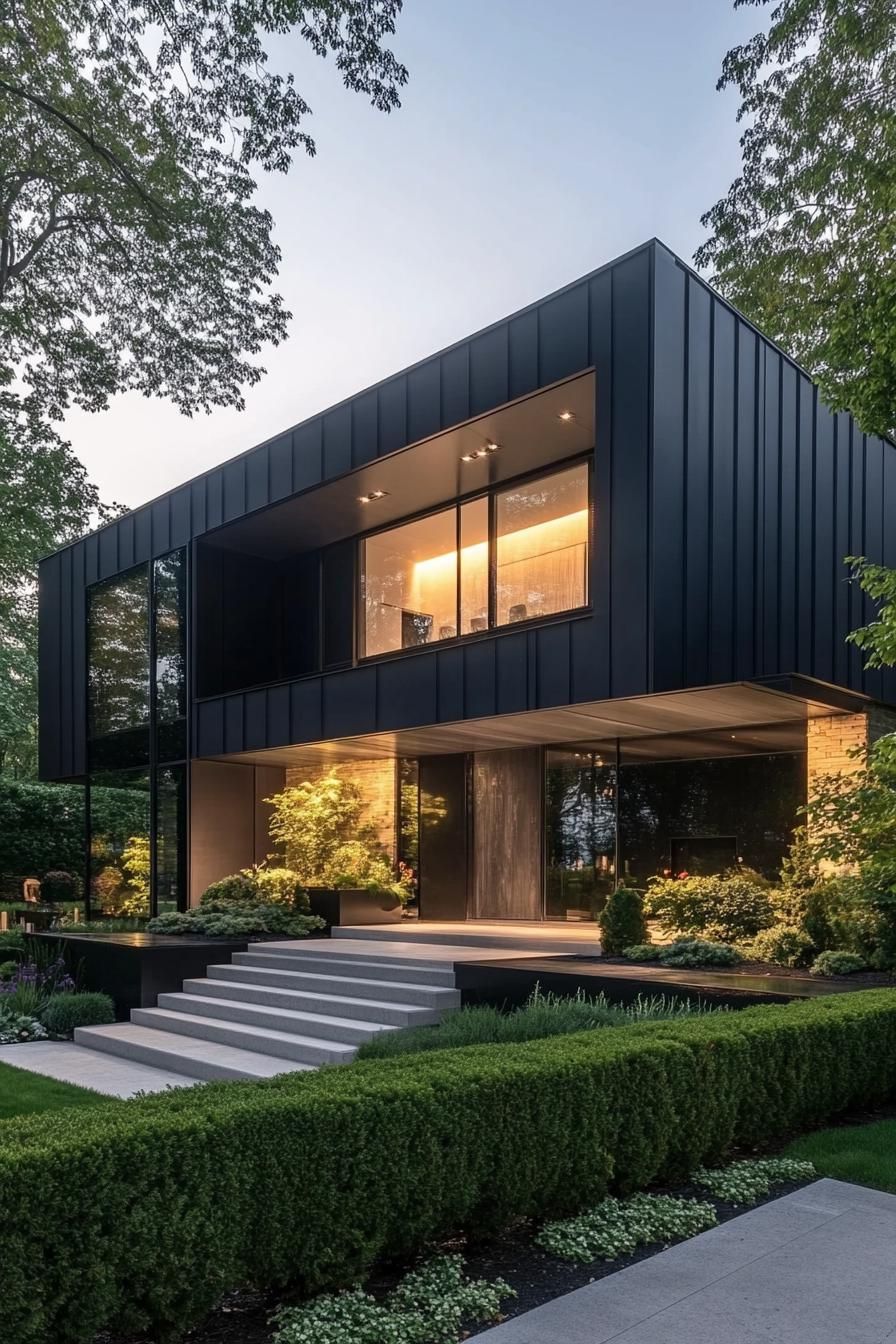 Modern house facade with sleek black panels and glass