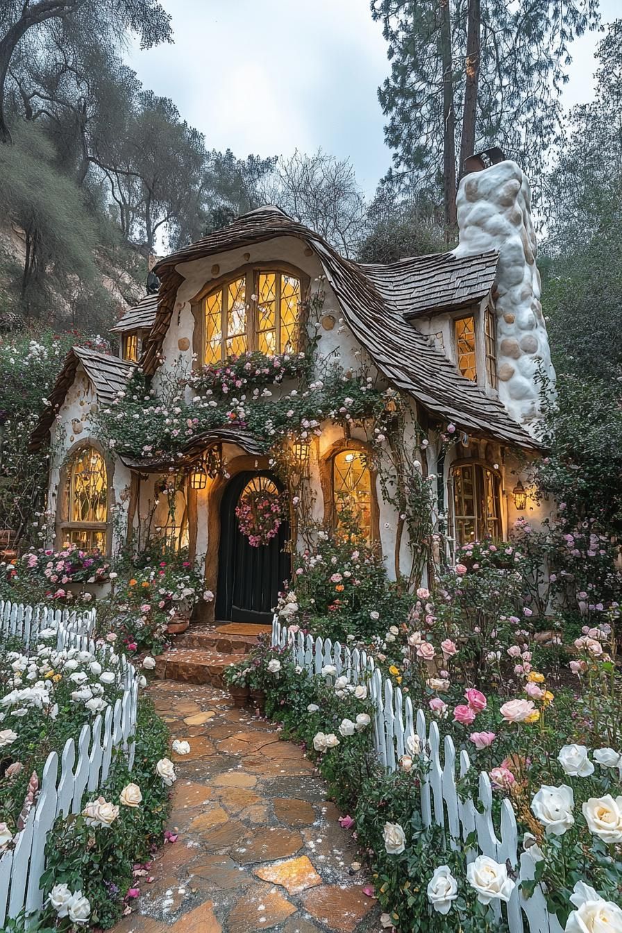 Charming storybook house adorned with blossoming flowers