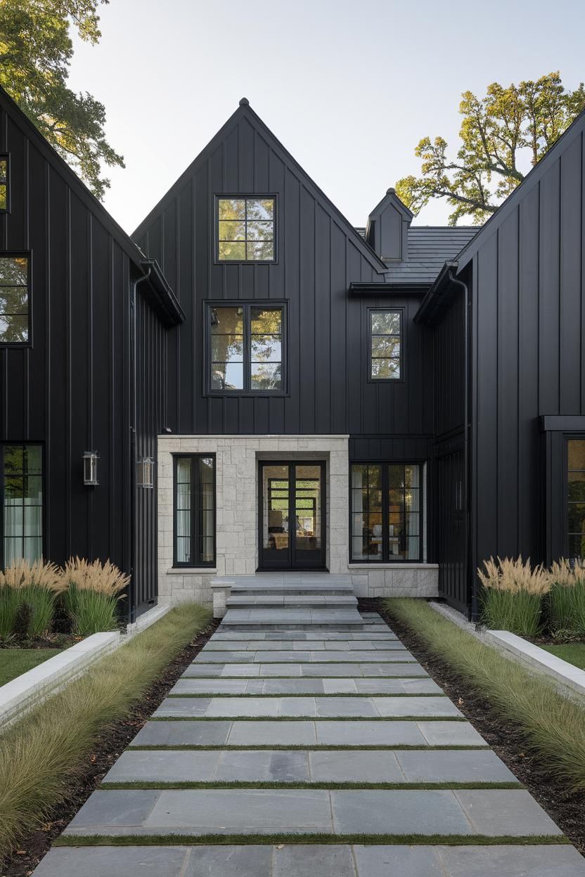 Contemporary black house with gabled roofs and stone accents