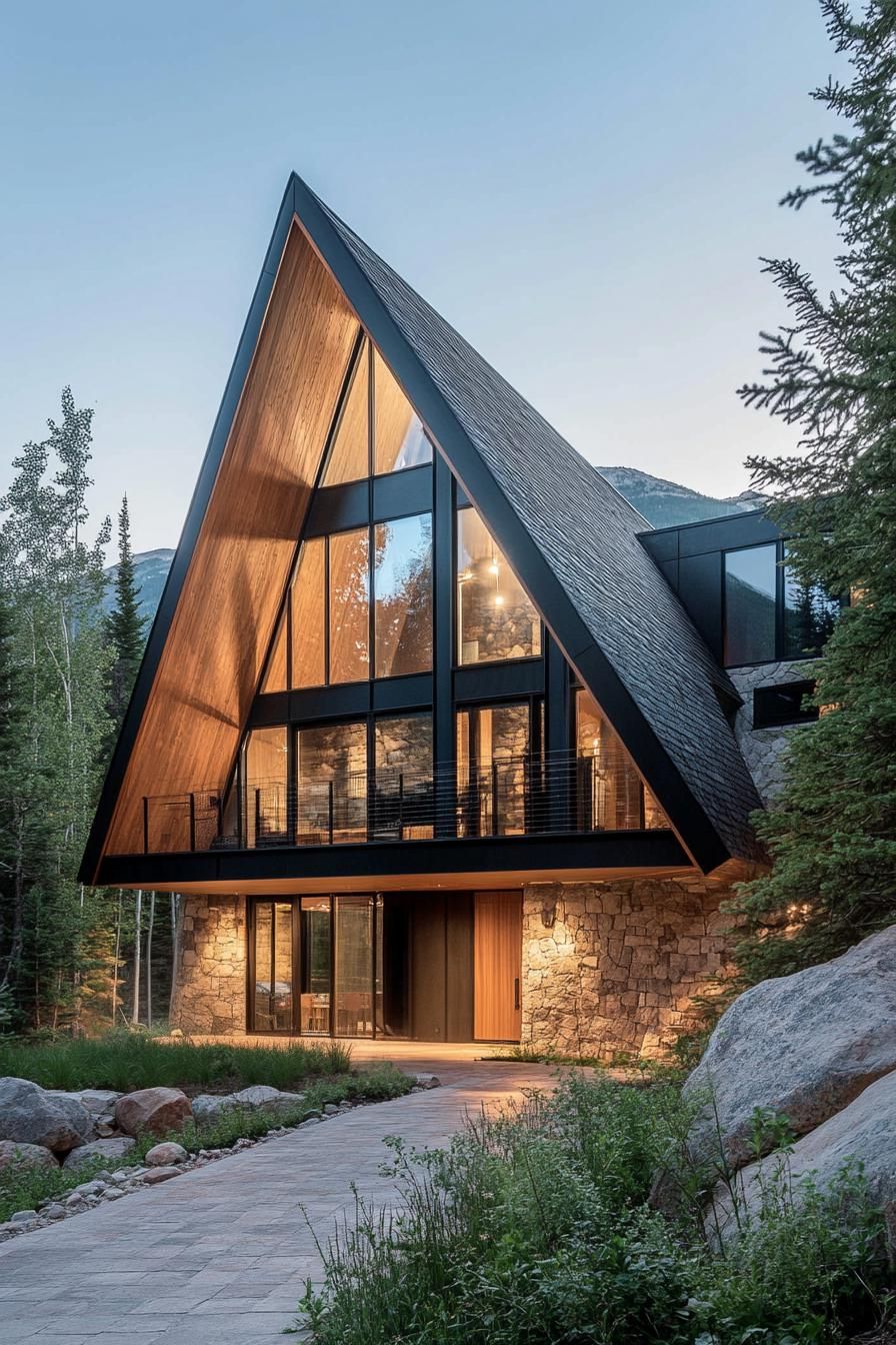 A-Frame Cabin with Glass Front and Stone Base