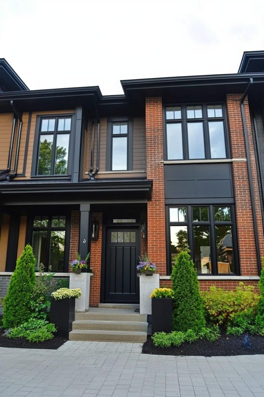 Red brick townhouse with black accents