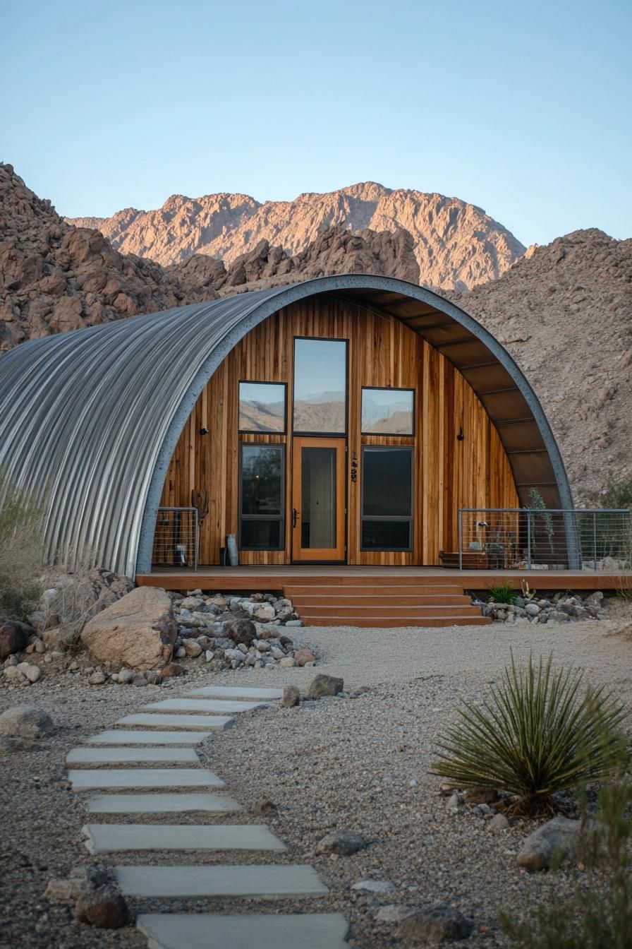 Arched metal home nestled in desert landscape