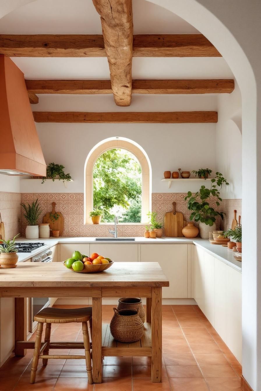 Sunlit kitchen with wooden beams and terracotta tiles