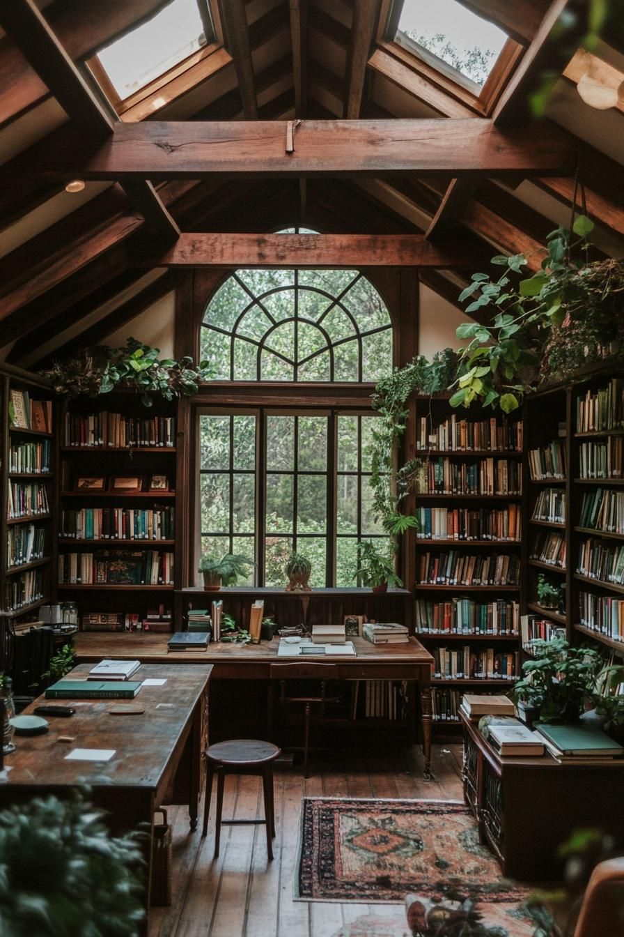 Cozy library with wooden beams and lush greenery