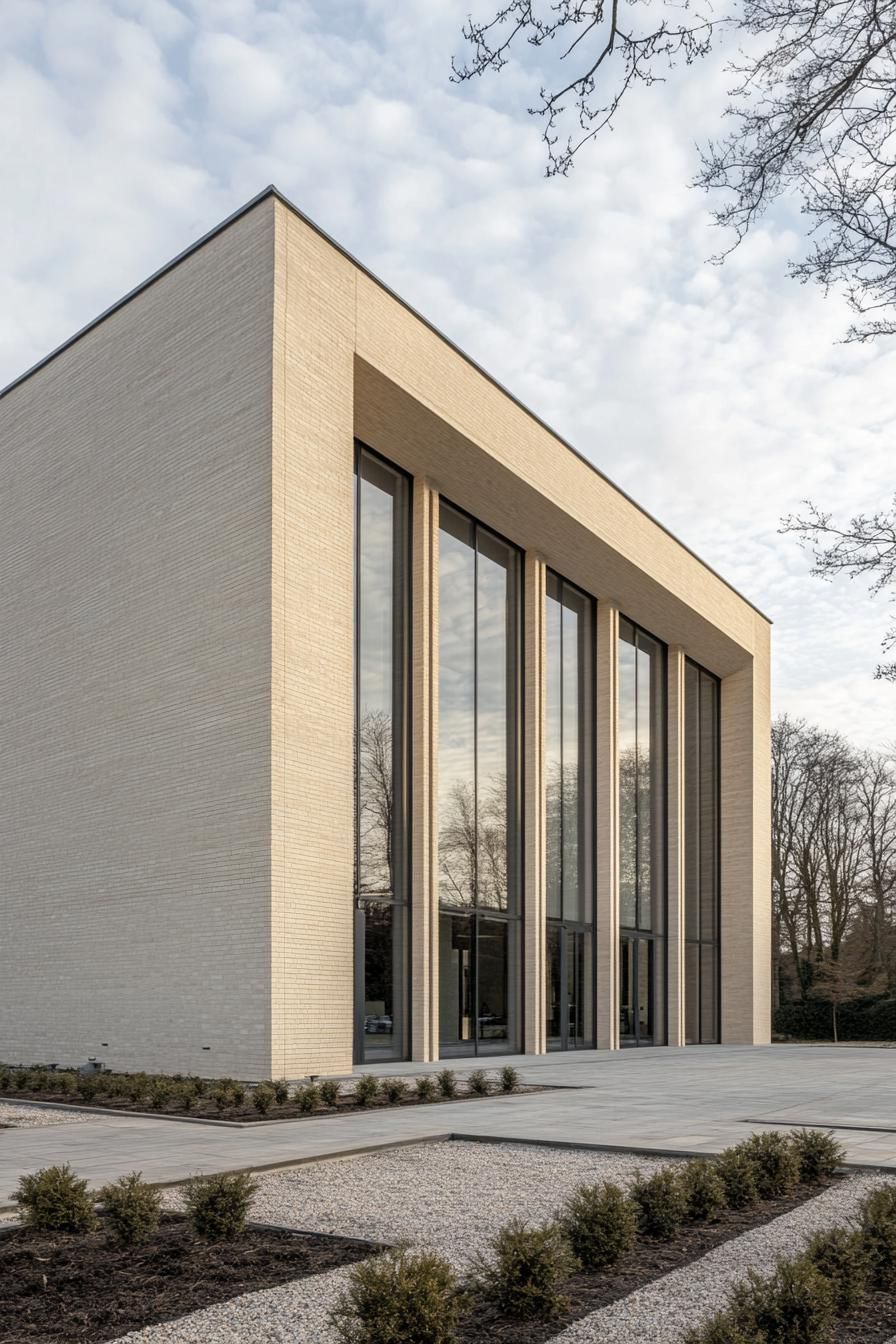 Modern building with tall glass panels and brick facade