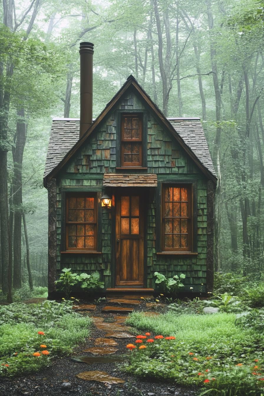 Tiny cabin with triangular roof in a misty forest