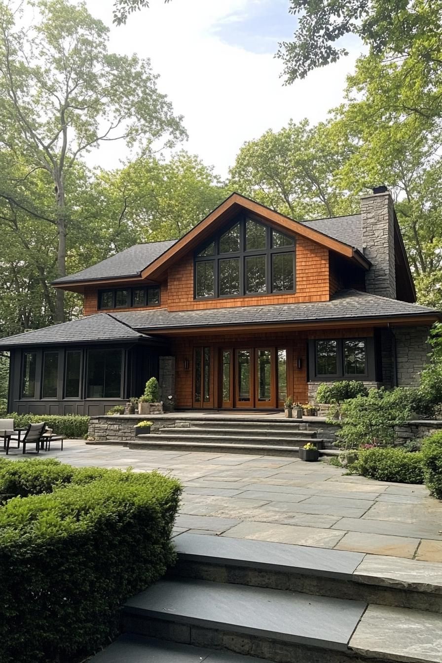 Charming two-story house with stone accents surrounded by lush greenery