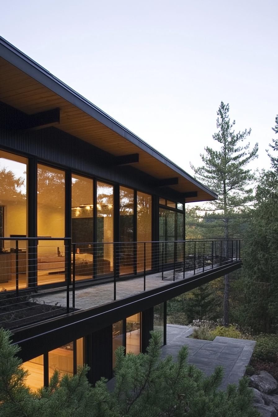 Modern house with glass walls and forest backdrop