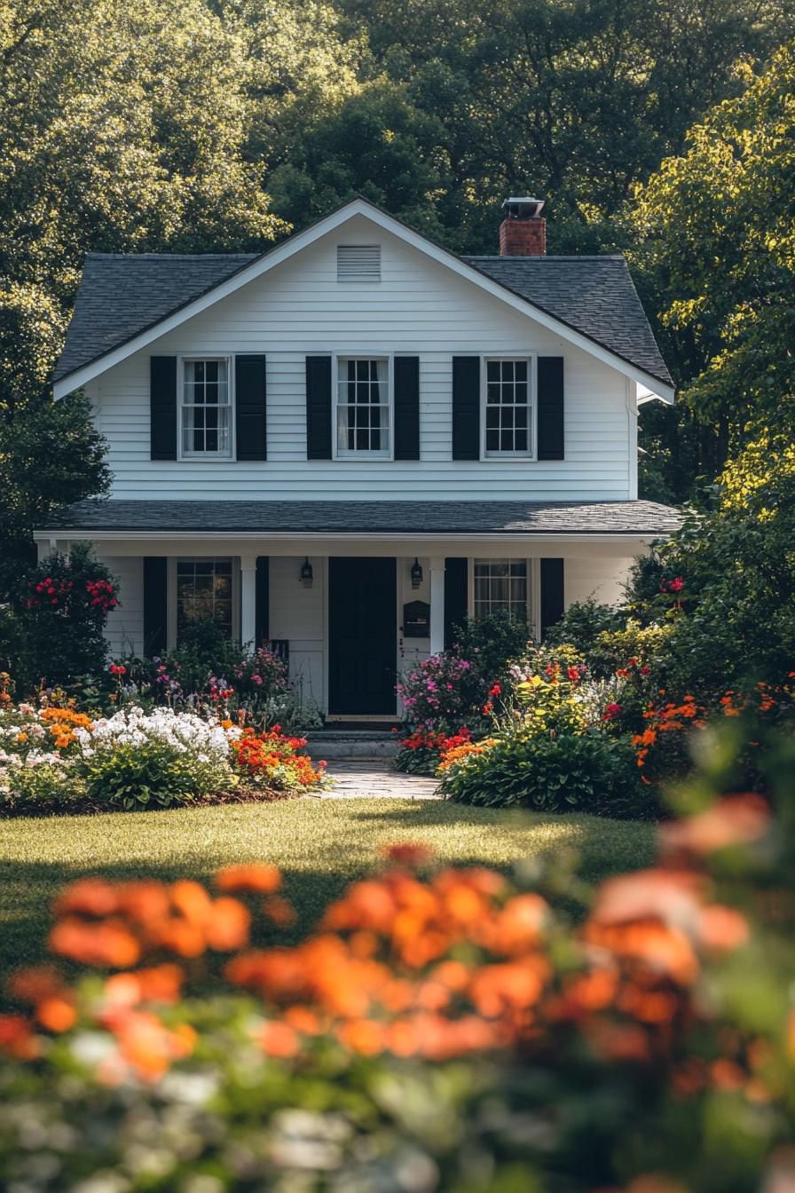 countryside two story house painted white modern shutter windows modern doors front garden with blooming flowers