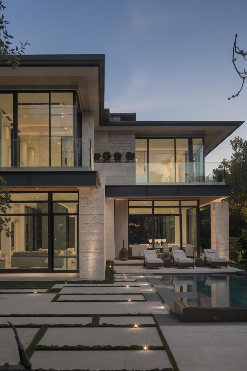 Modern house with large glass windows and a lit pool area