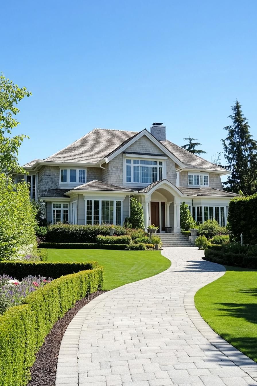 Large house with manicured lawn and curving pathway