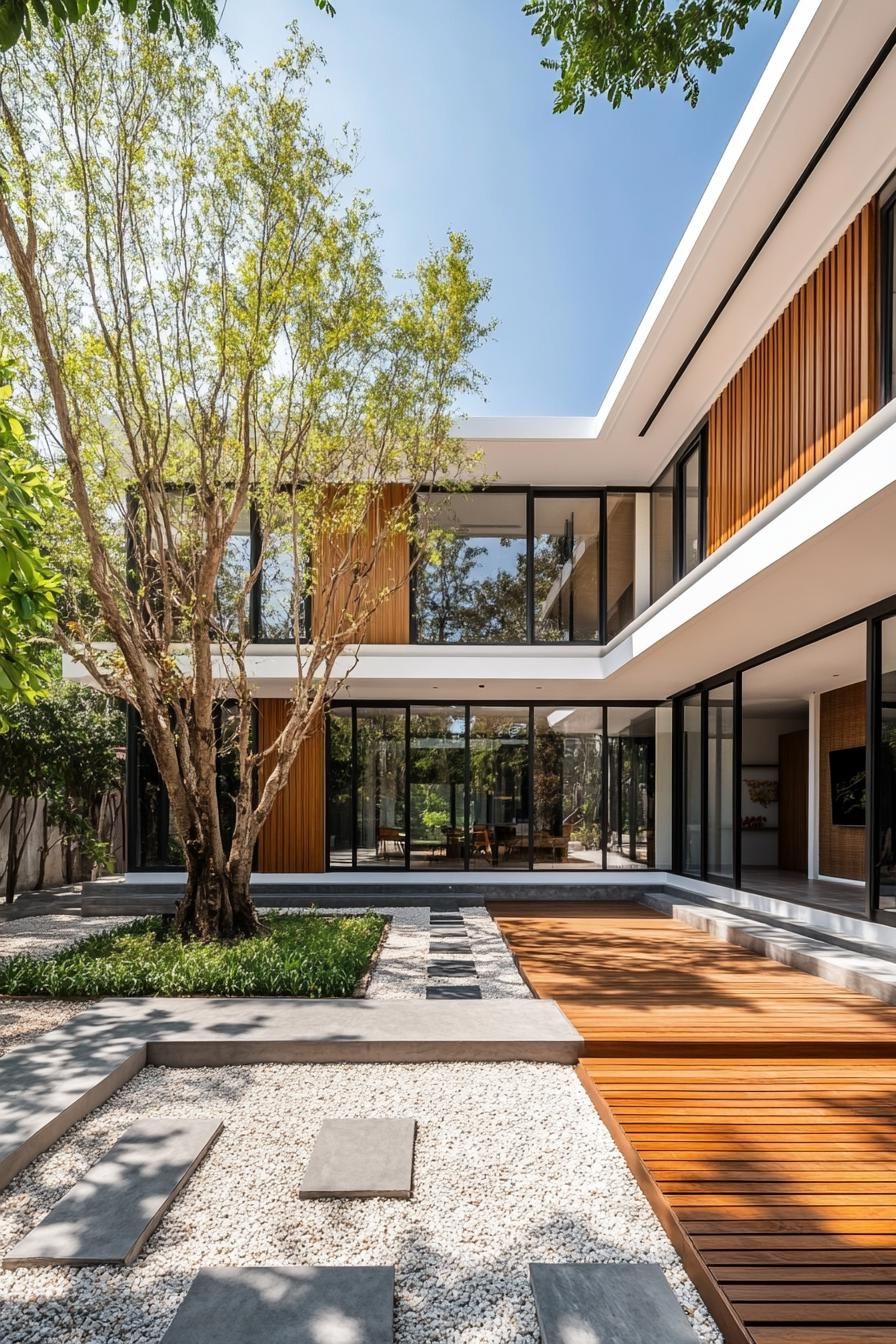 Modern Thai house with glass walls and a central tree-filled courtyard