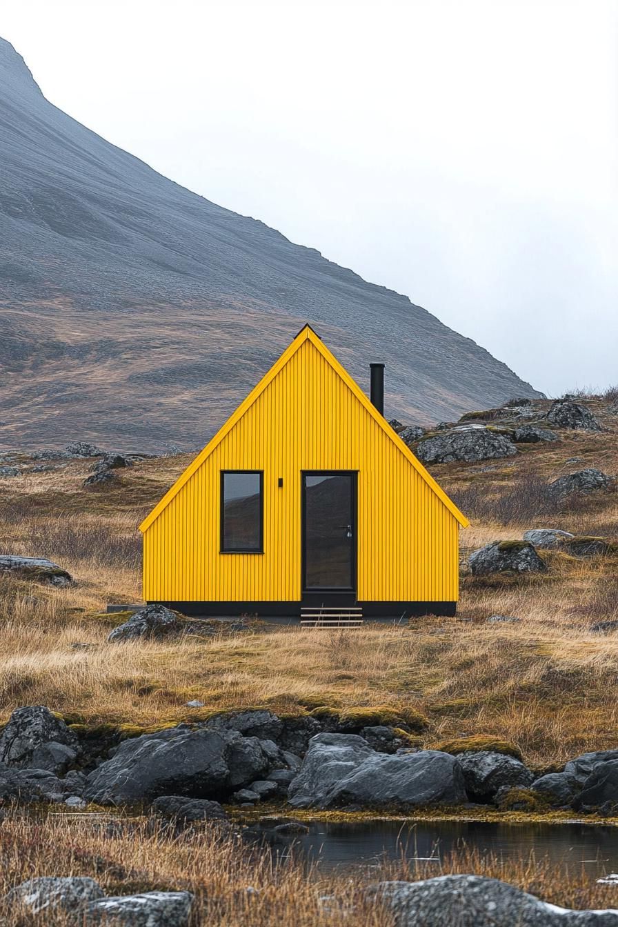 Yellow cabin tucked in rocky terrain, with a mountain view