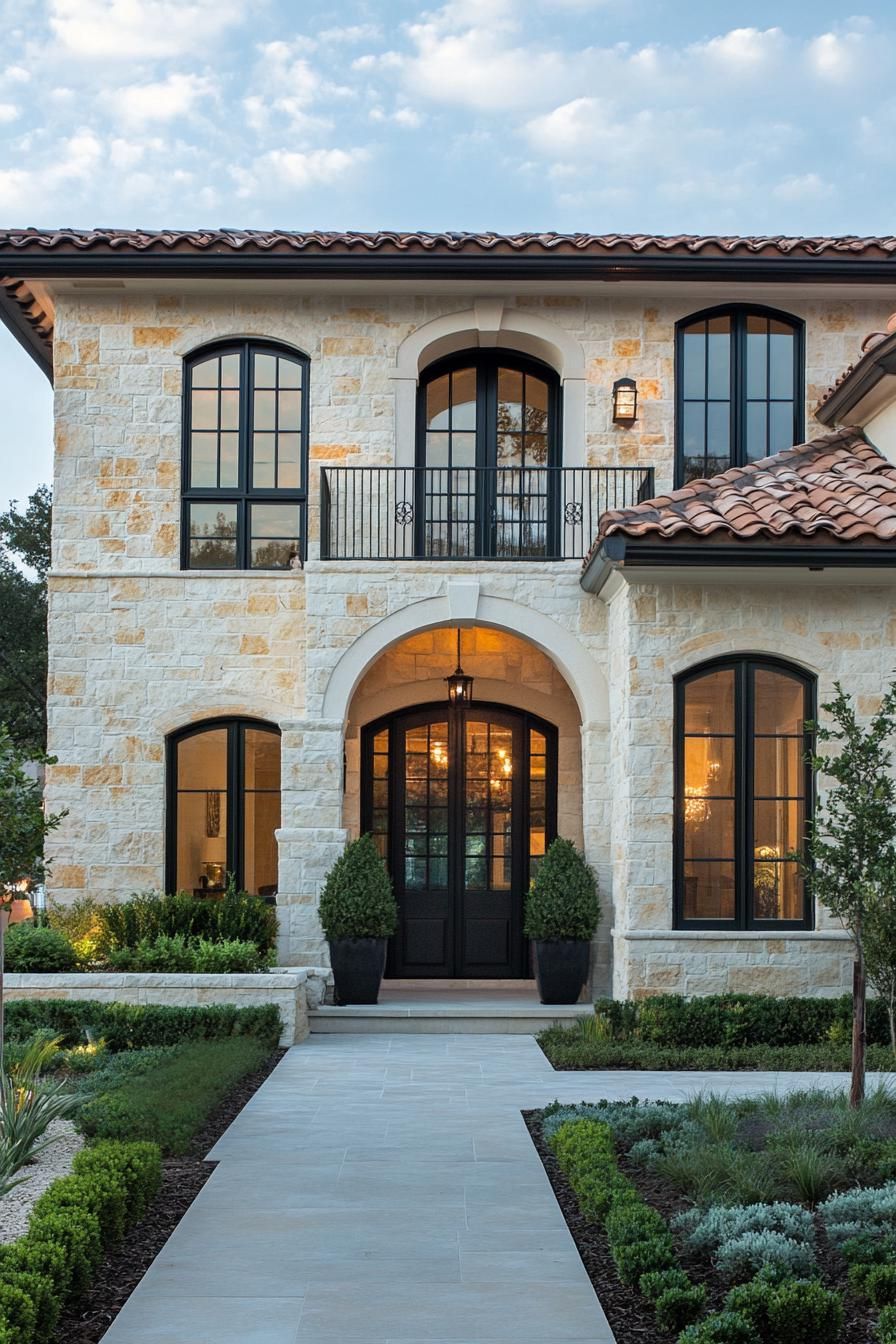 Stone house with dark-framed windows and a lovely balcony