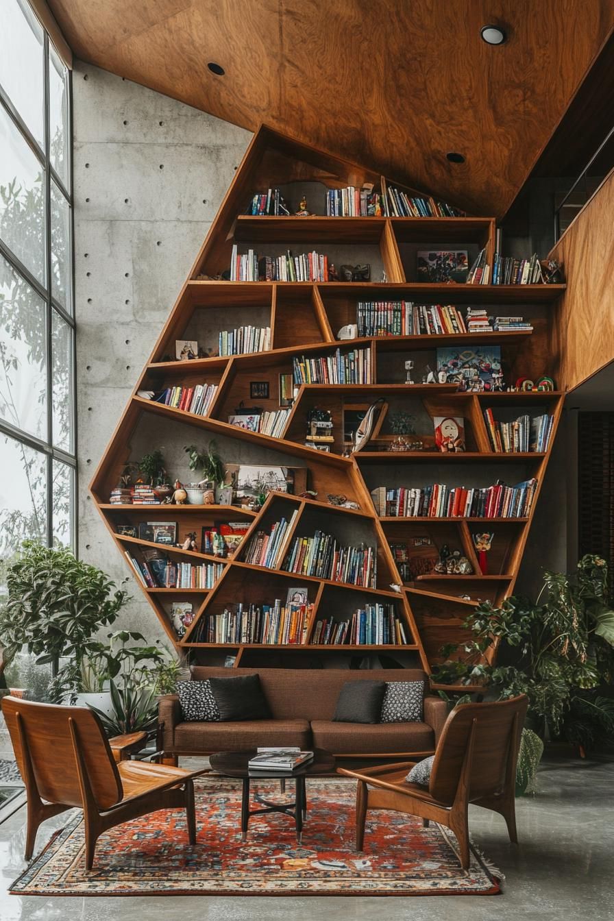 Mid-century modern living room with unique bookshelf and cozy seating