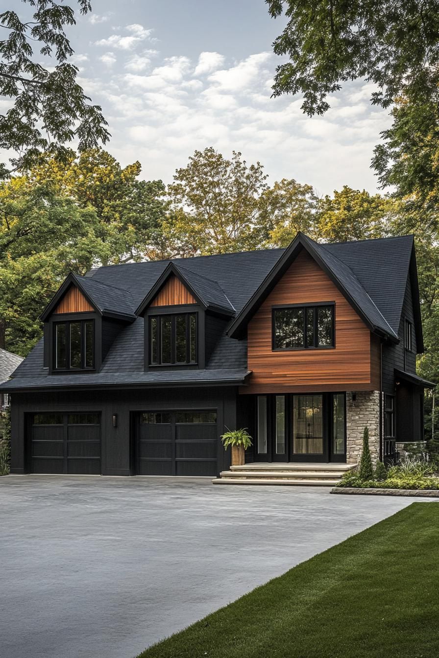 modern farmhouse in mixed siding with black cedar stone multi pitched black roof modern windows with black trim cedar wood garage doors large 2