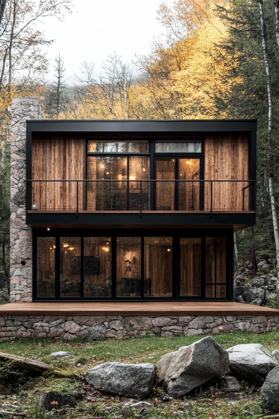 Two-story wood cabin with large windows