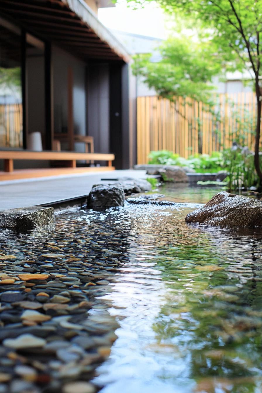 Japanese courtyard with wooden deck and serene water feature