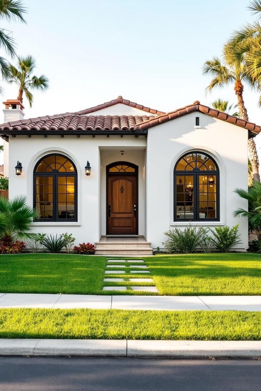 Spanish bungalow with arched windows and lush lawn