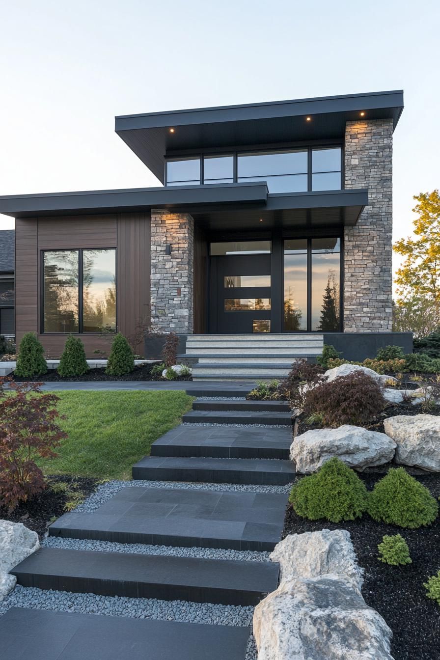 Modern house exterior with steps and stone accents