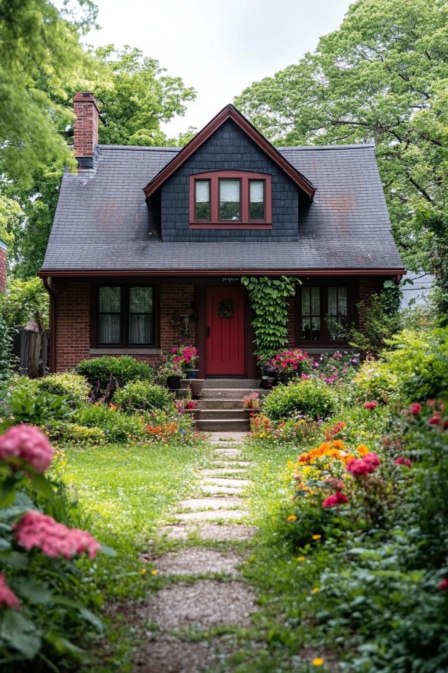 Charming brick house with a red door and lush garden